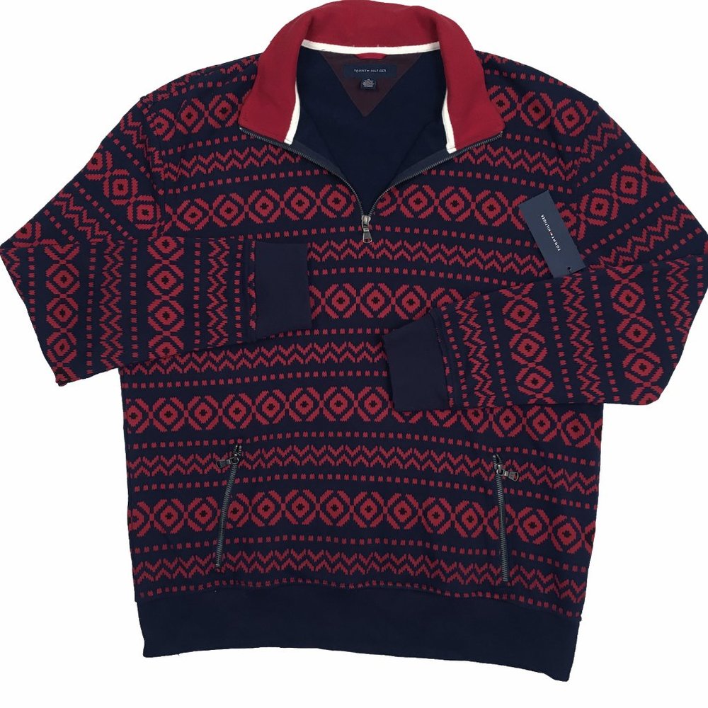 NEW Tommy Hilfiger Zipper Neck Cardigan Sweatshirt! Navy & Red Geometric Design